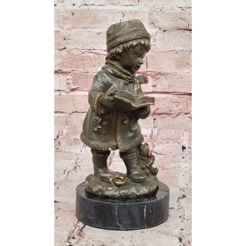 Winter Child Reading Book – Bronze Figurine With Teddy Bear