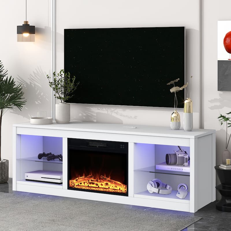 66" White Modern Electric Fireplace TV Stands Console for 75-inch TV with Remote - 66 in console width