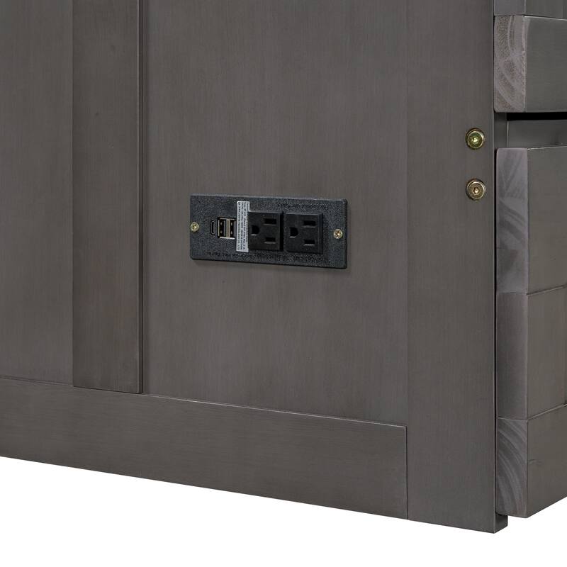 Queen Size Murphy Bed with Built-In Charging Station and Large Storage Drawer, Space-Saving Design, Pine Wood Frame