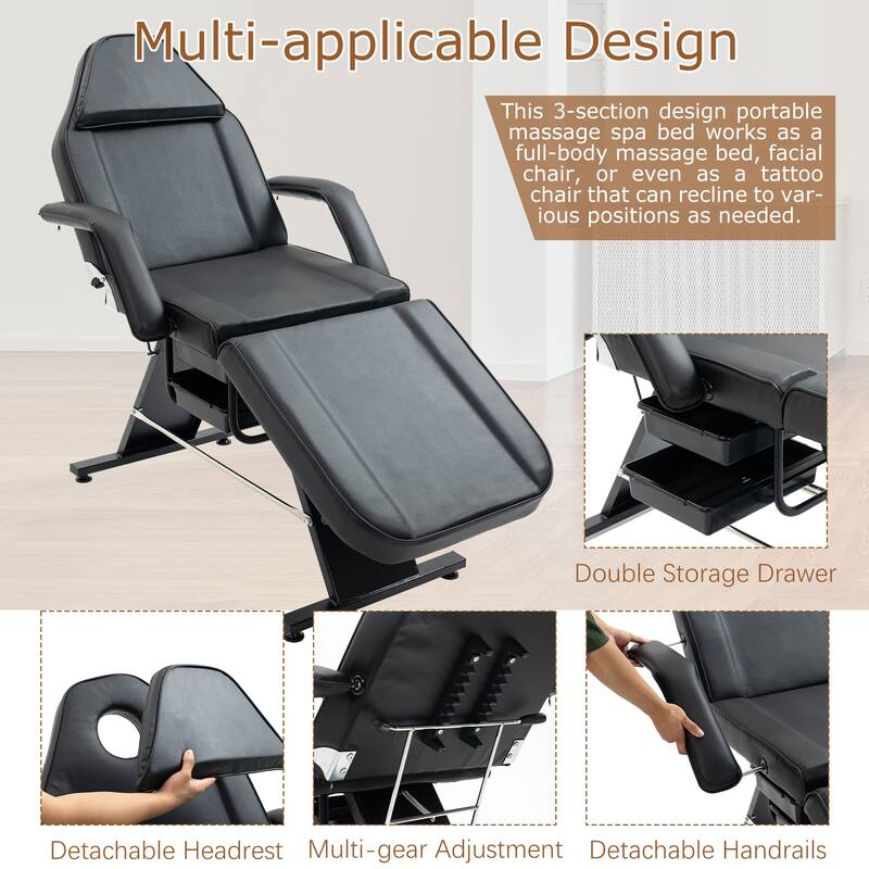 Massage Salon Tattoo Chair - 3-Section Adjustable Facial Bed with Two Trays & Hydraulic Stool, Multi-Purpose Spa Equipment