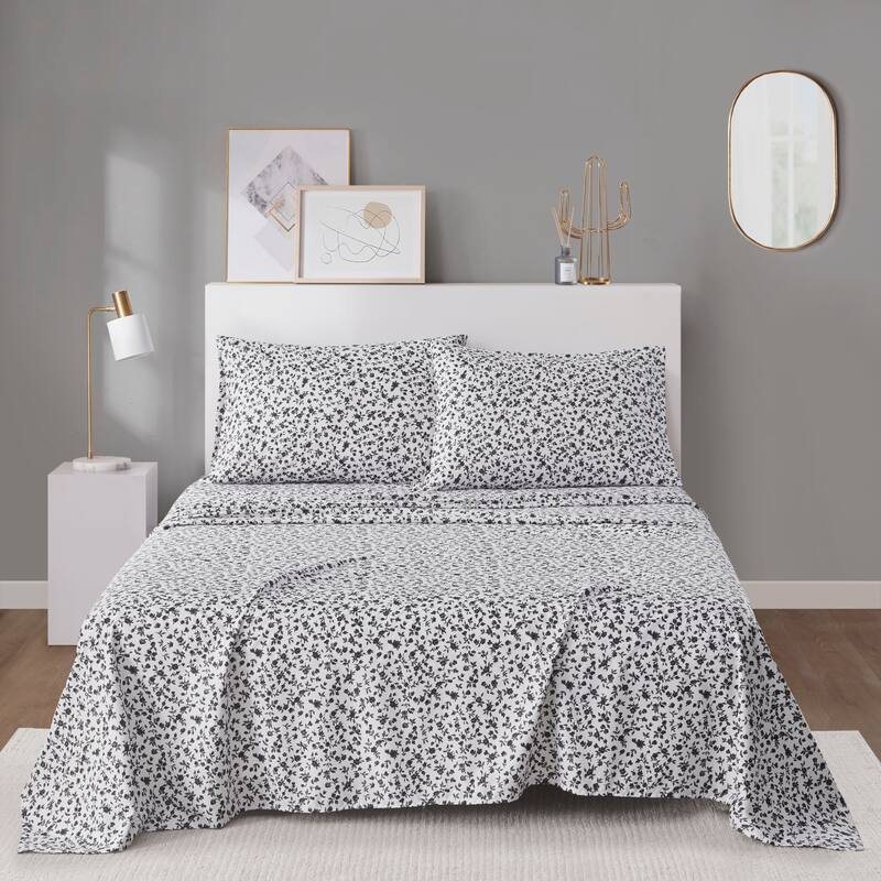 Intelligent Design Printed Microfiber Sheet Set - Black Floral - Queen