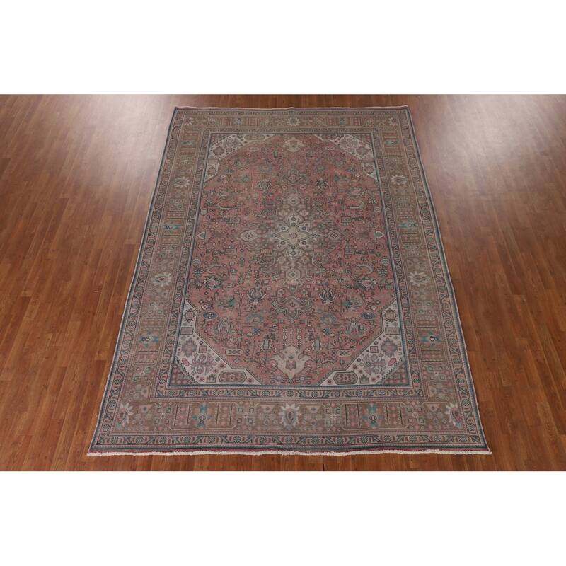 Pink Geometric Tabriz Persian Vintage Area Rug Handmade Wool Carpet - 7'10" x 11'0"