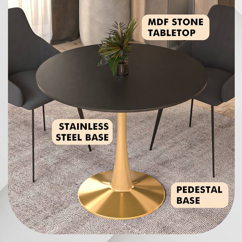 LeisureMod Bristol 35" Round Dining Table for 4 with MDF Tabletop in Gold Steel Base for Kitchen & Dining Room