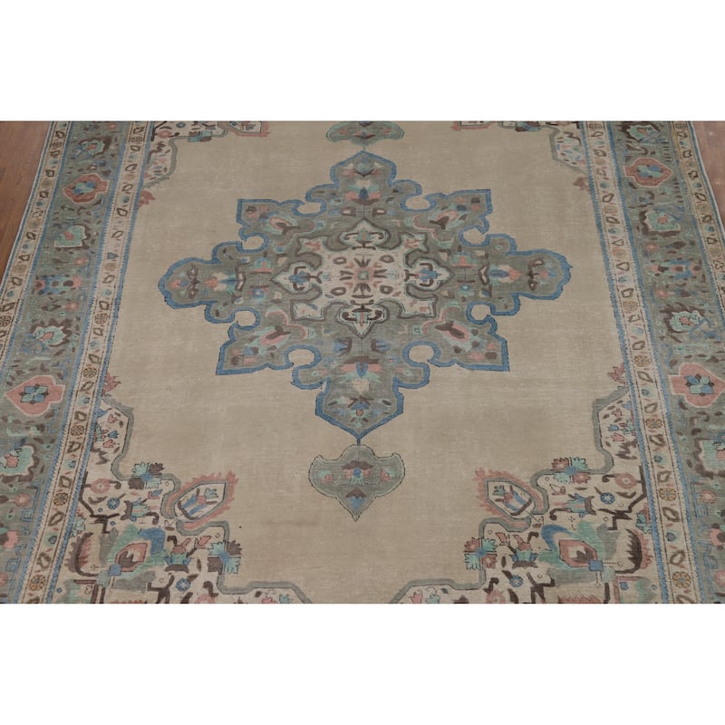 Geometric Beige Tabriz Persian Vintage Rug Hand-Knotted Wool Carpet - 8'3" x 11'0"