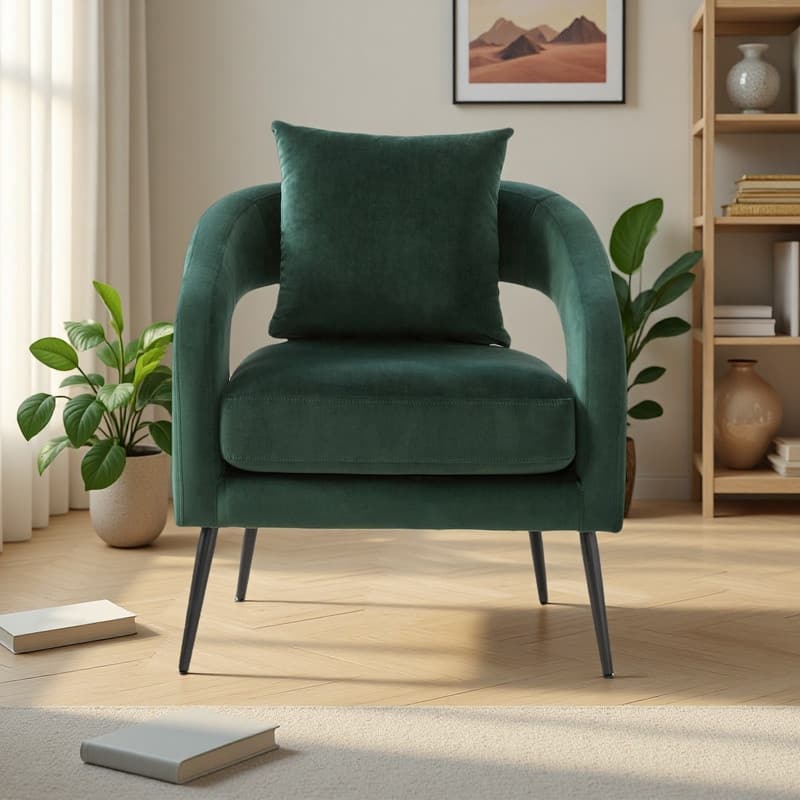 Velvet Open-Back Accent Chair with Metal Legs and Removable Cushion - Green