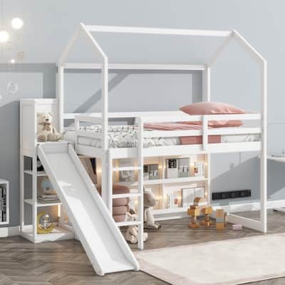 Wood House Loft Bed with Slide,Storage Shelves,Climbing Ramp and Light