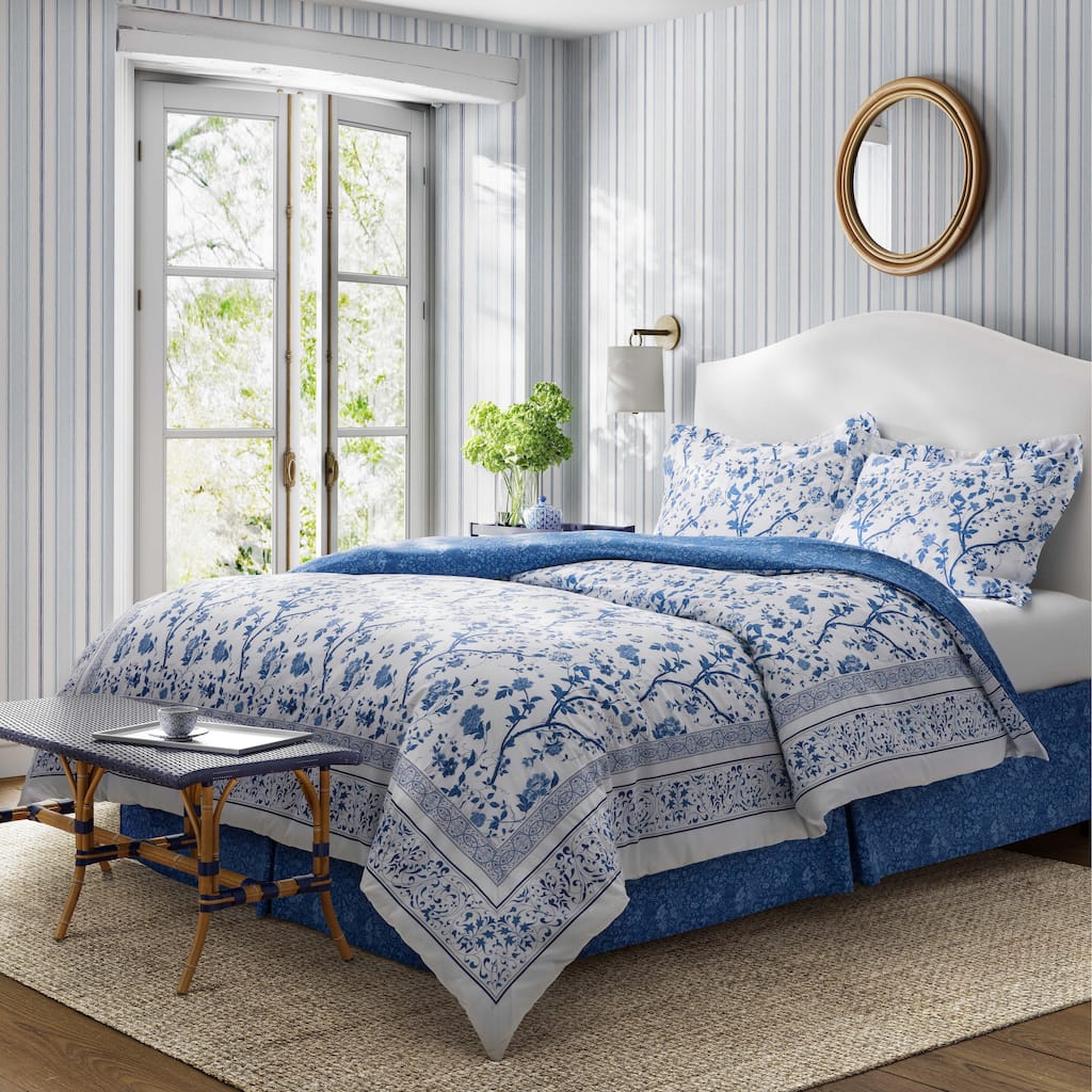 Laura Ashley Charlotte Cotton Reversible Blue Comforter Set