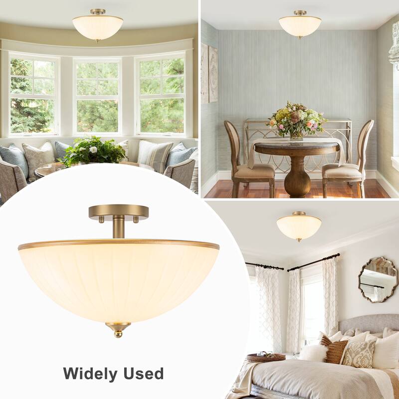 3-Light Bow-Shaped Semi-Flush Mount Ceiling Light White Glass Shade - Dia.15.55-in