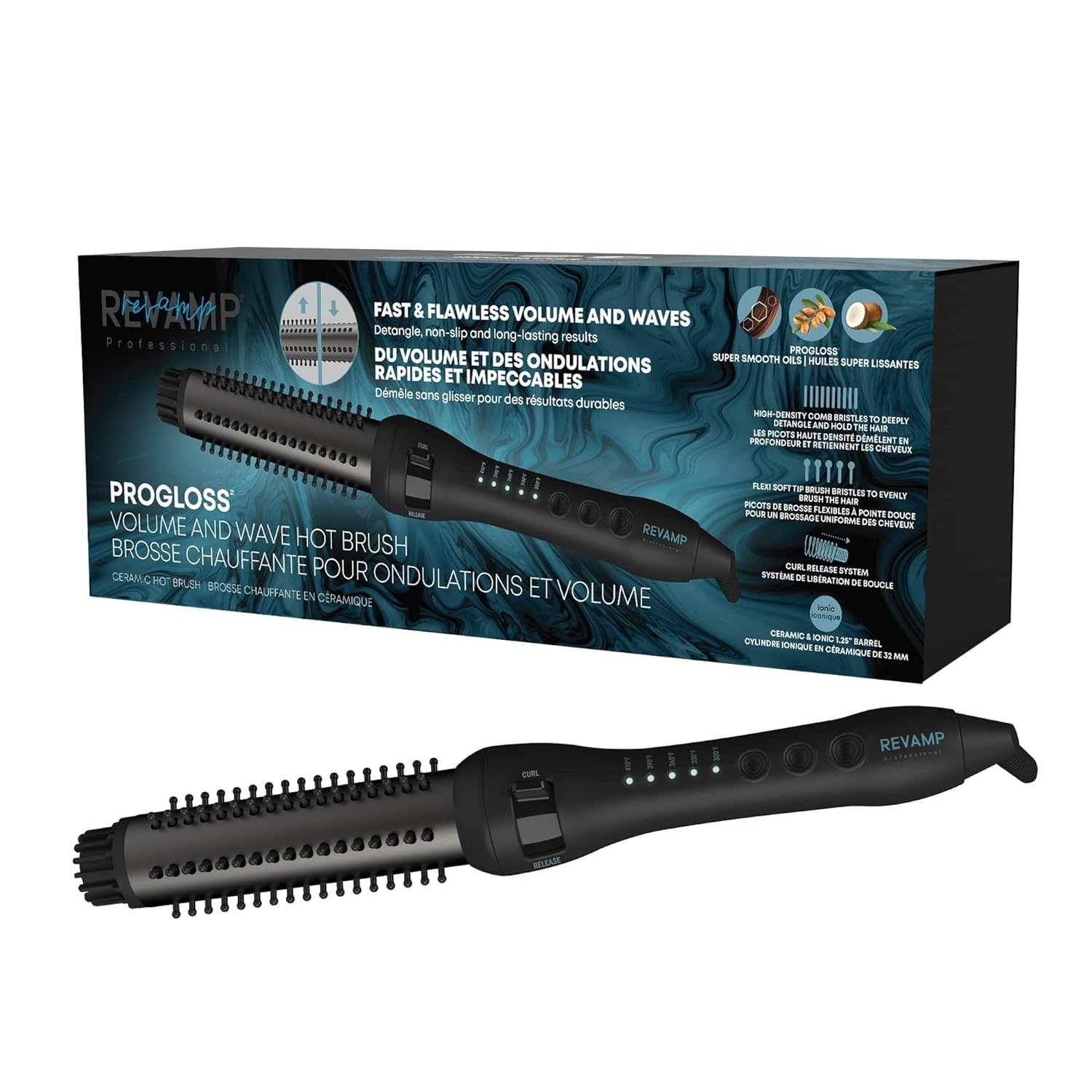 Revamp Progloss Volume & Wave Ceramic Heated Curling Iron Brush, 1.25" Bristles, Ceramic Barrel, Auto-Off & 9' Swivel Cord