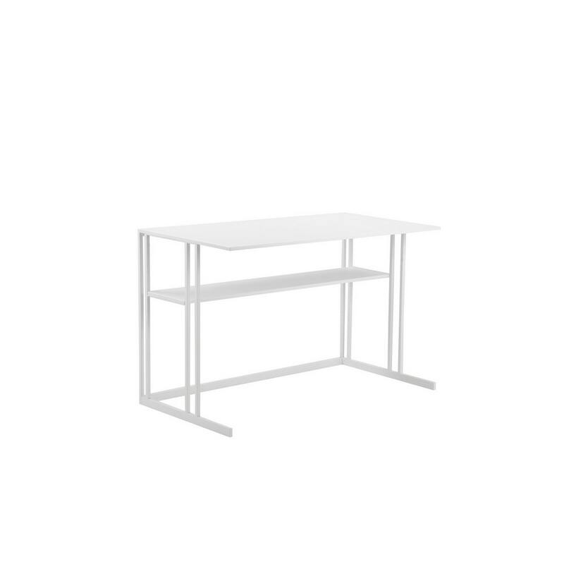 Femi 47 Inch Office Desk with Shelf, Open Steel Base, Modern White Finish