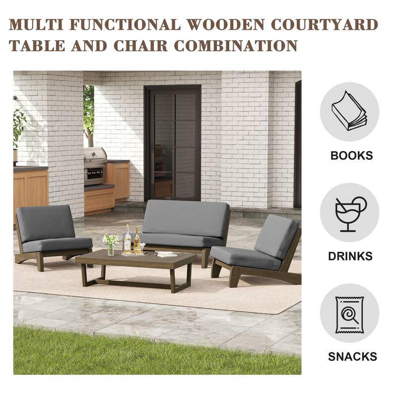 4 Set Outdoor Patio Teak Wood Club Chairs Loveseat with Coffee Table