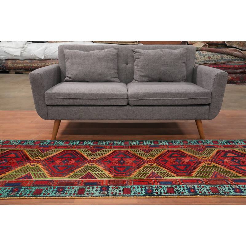 Hand Knotted Oriental 100% Wool Carpet Traditional Geometric Red Ardebil Runner Rug - 10' 8'' X 2' 10''