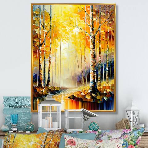 Designart "River In Golden Birch Forest" Landscape Framed Canvas Art Print