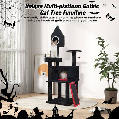Gothic Cat Tree, 64" Tower with Coffin Bed, Condo, Platform, and Scratching Posts