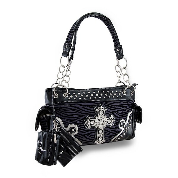 Shop Flocked Zebra Stripe Filigree Rhinestone Cross Studded Purse