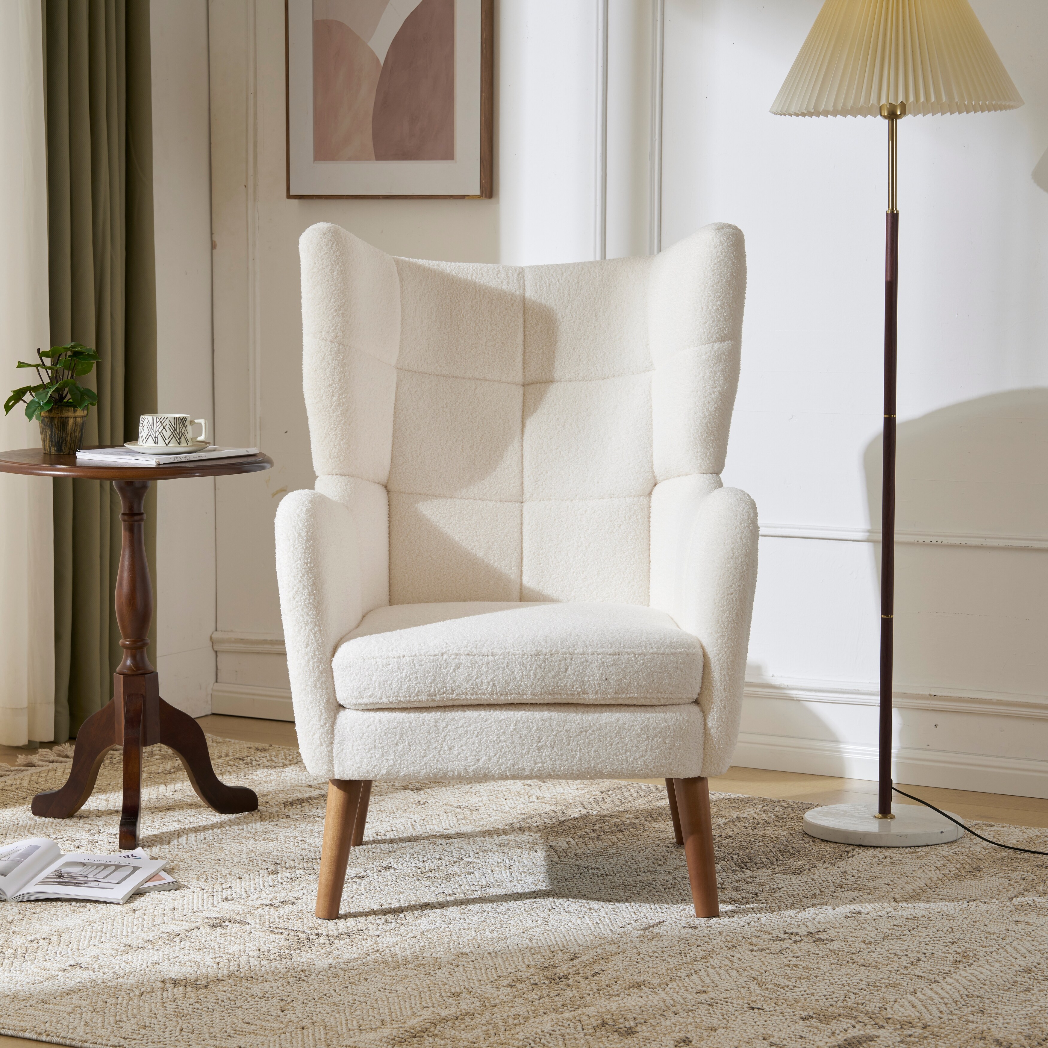 Gdf Studio Mid Century Teddy Wool Accent Chair with Birch Frame Ivory White