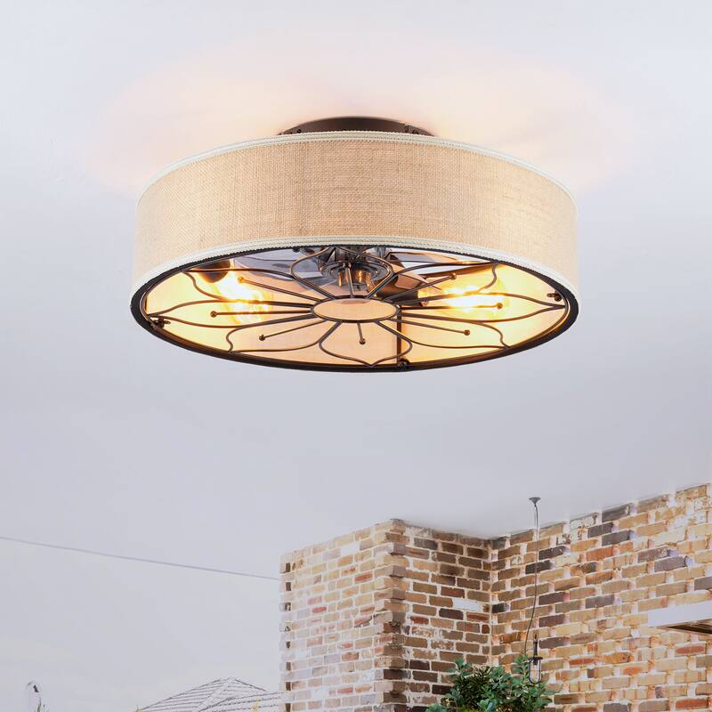 20" Caged Ceiling Fans Flush Mount,Low Profile Fabric Farmhouse Ceiling Fan with Remote Control - N/A