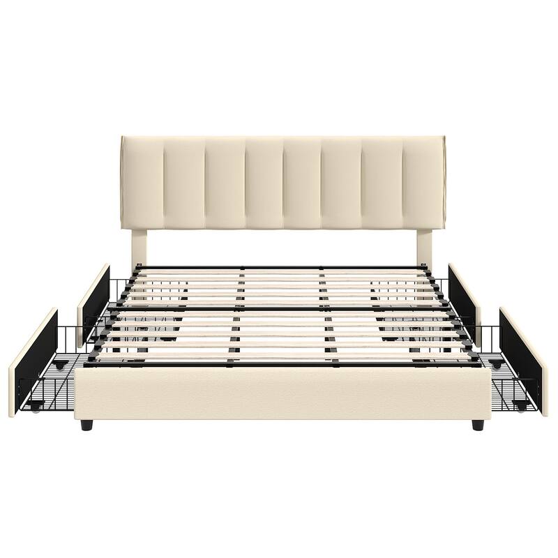 VECELO Bed Frame with 4 Storage Drawers, Upholstered Platform Bed Frame with Adjustable Headboard