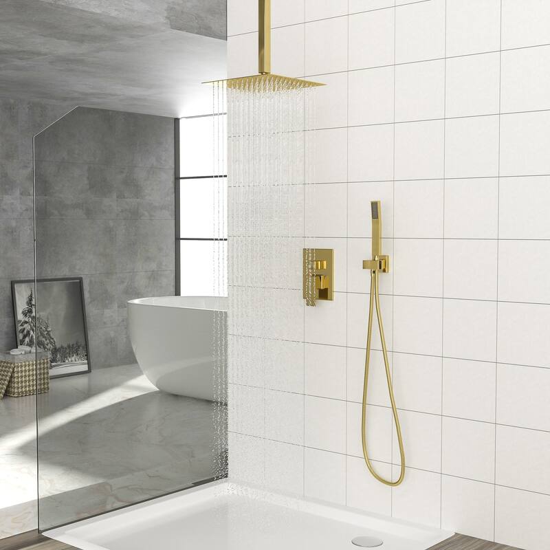 10 Inch Ceiling Mount Square Shower System with Rough-in Valve - Gold