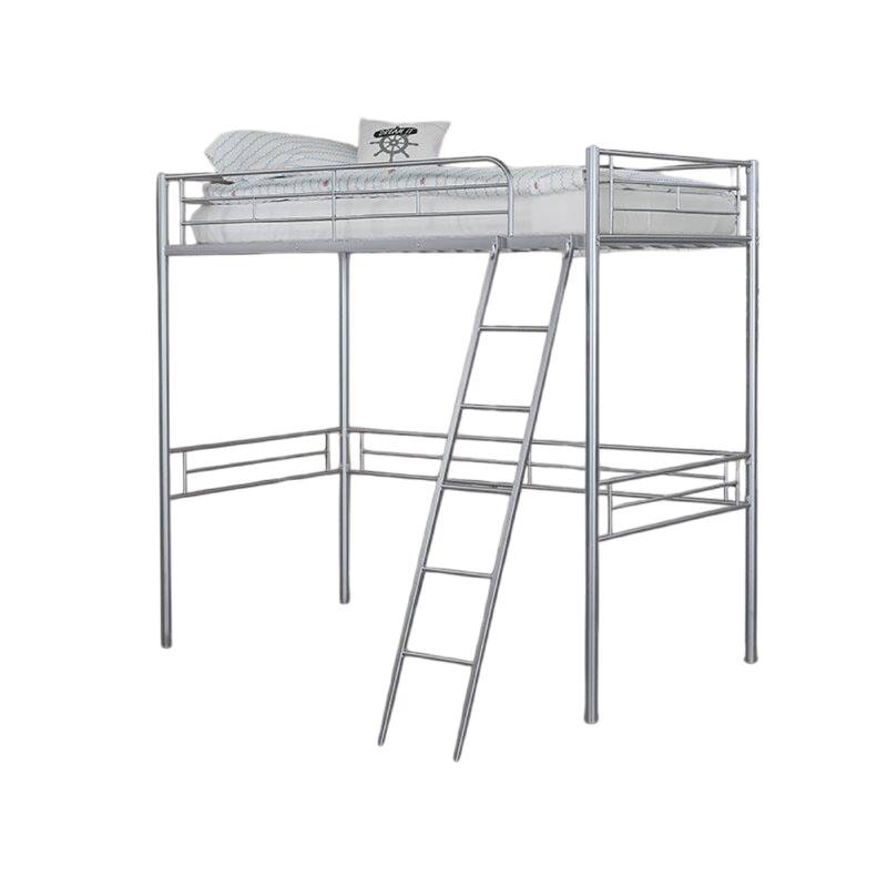 Mylz Twin Loft Bed, Silver Metal Frame with Attached Angled Ladder
