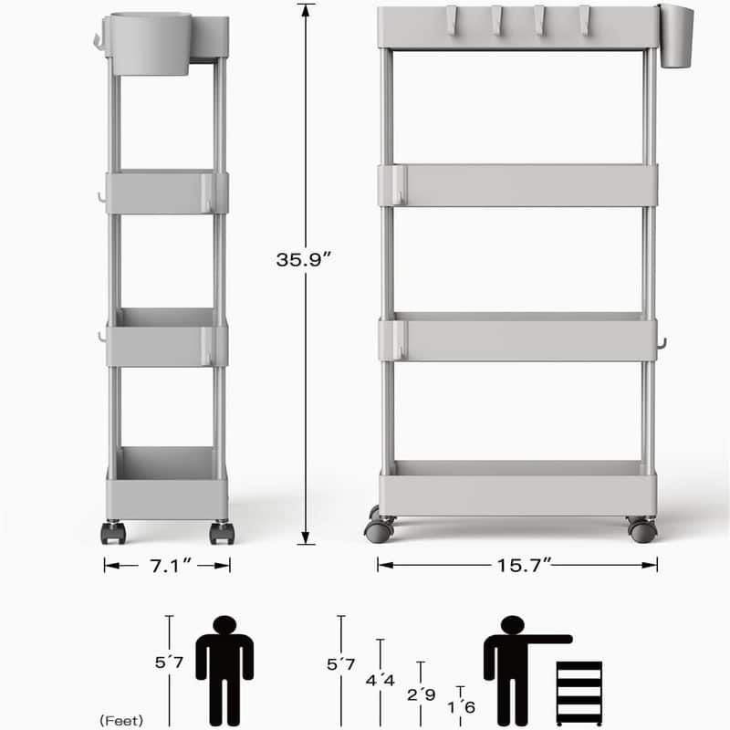 Slim Storage Cart with Wheels 4 Tier Bathroom Storage Organizer Rolling Utility Cart - 15.7"D x 7.1"W x 35.9"H