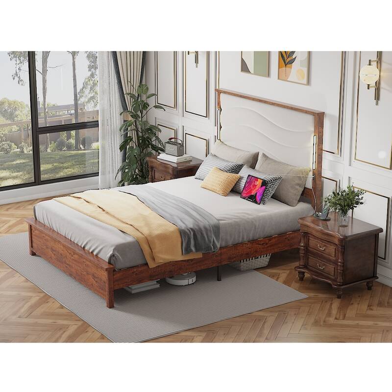 Queen Size Bed Frame with Upholstered Headboard, Charging Station, LED Lights, Wood Slats, No Box Spring Needed, Easy Assembly