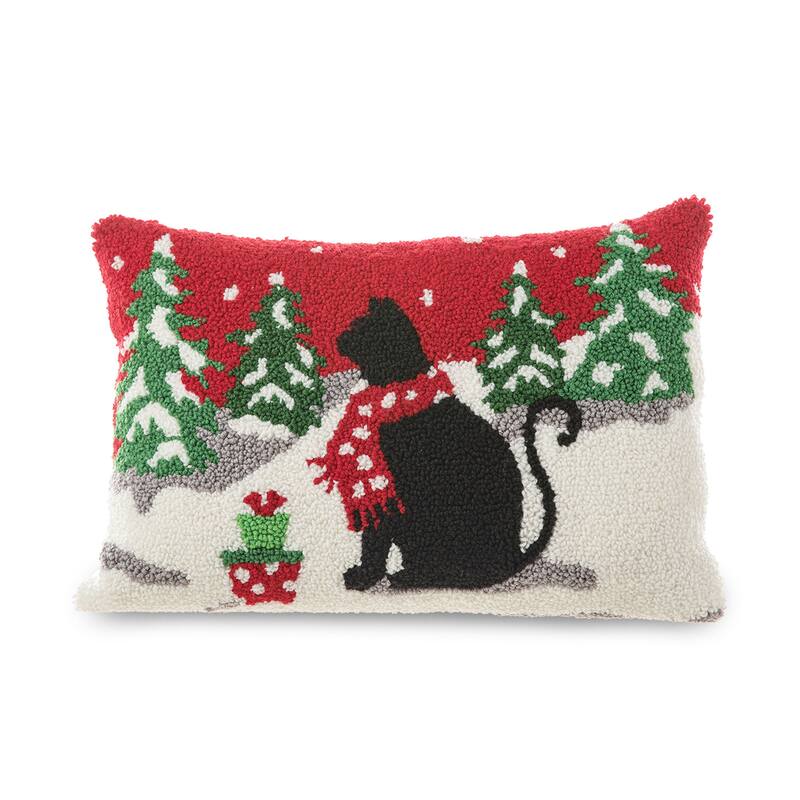 Glitzhome 18"L x 12"H Hooked Christmas Cat Dog Pillow Cushion for Xmas Sofa Home Decor - Cat