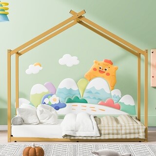 Twin Size House-shaped Platform Bed with Trundle, Metal Bed Frame with Supprot Slat, Pull-out Bed with Shelf, Natural