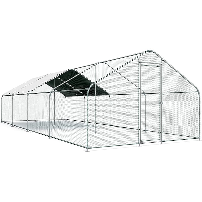 Large Metal Chicken Coop Run with Waterproof Cover - 10'L x 25.5'W x 6.56' - 10'L x 25.5'W x 6.56'