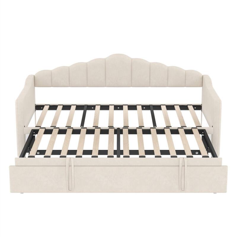 Twin Size Daybed with Adjustable Height Pop Up Trundle and USB Charging Port, Upholstered Sofa Bed Frame with 2 Side Pockets