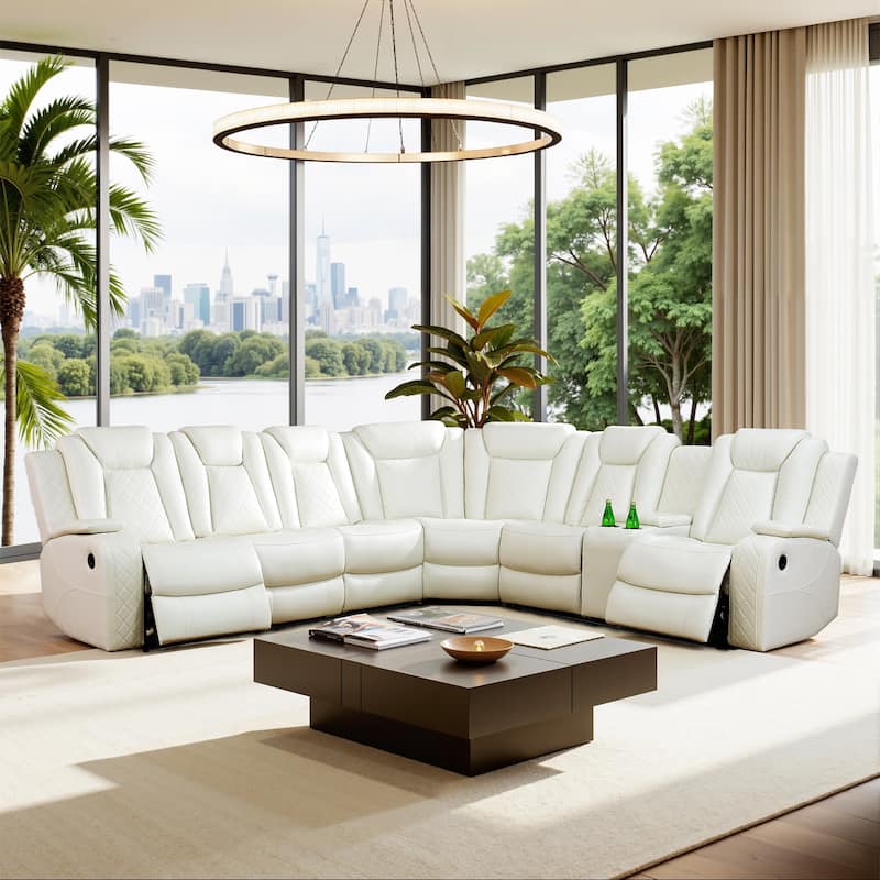 3-Piece Off-White Breathing Leather Living Room Recliner Sofa set