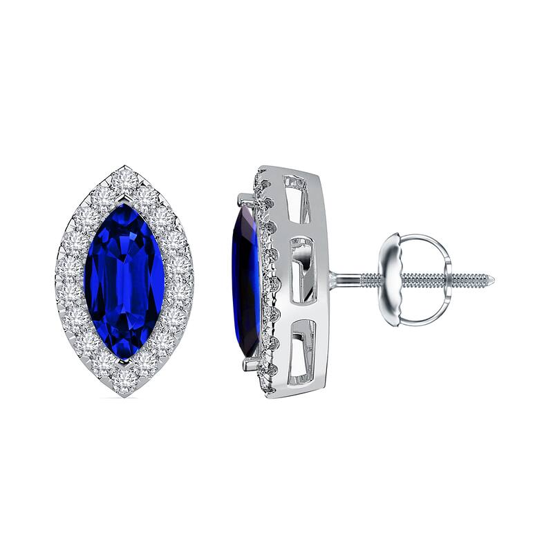 Auriya 14k Gold Lab Grown Gemstone Blue Sapphire Stud Earrings Marquise 0.25 to 5.00 ct. tw. Halo Screw-Back - 1.00ct tgw. - White