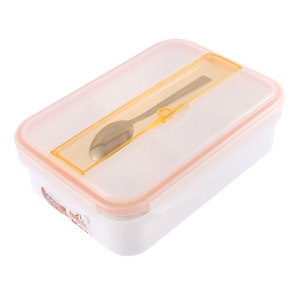 Unique Bargains Home School Plastic Dual Compartments Food Fruit Lunch Box Container w Spoon