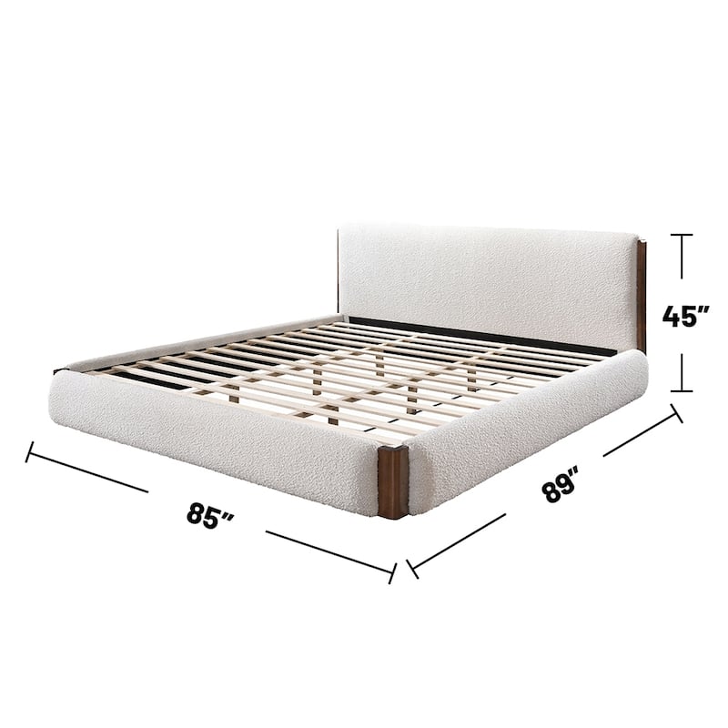Boucle Upholstered Eastern King Bed in White and Walnut