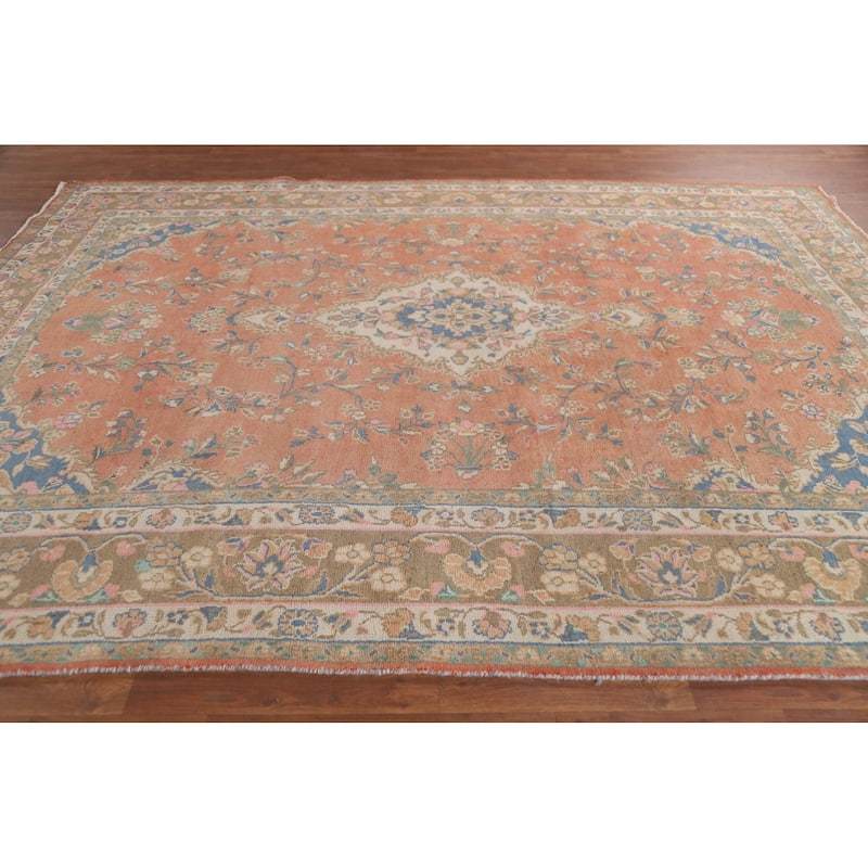 Hand Knotted Oriental 100% Wool Carpet Traditional Floral Coral Mashad Area Rug - 10' 7'' X 8' 0''