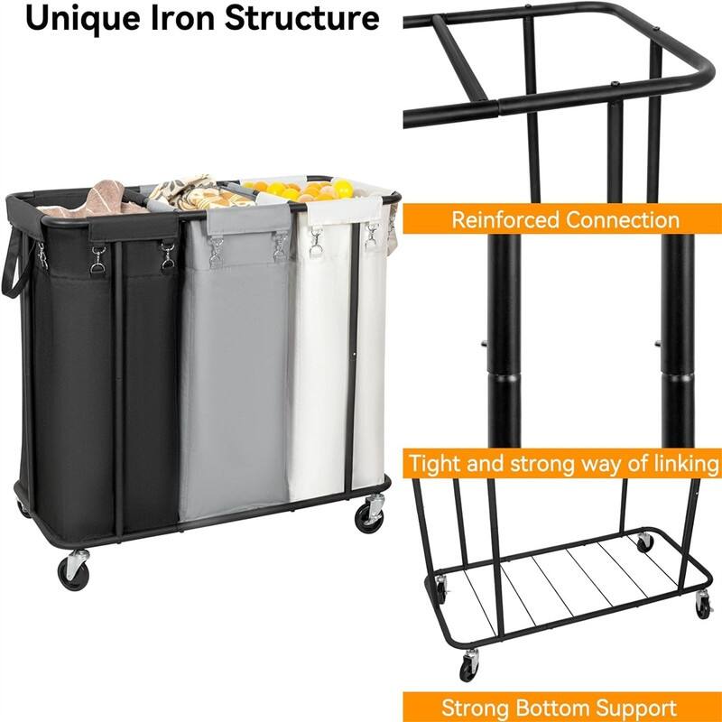 260L Rolling Laundry Basket 3 Section Organizer - 35.4"L x 16.1"W x 31.5"H