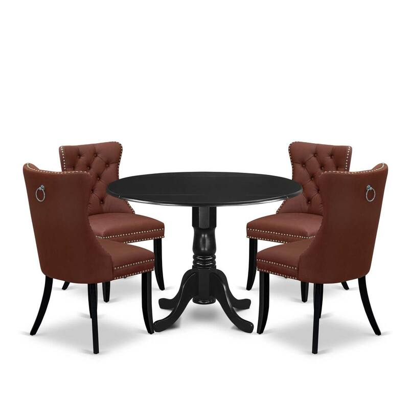 Modern 5 Piece Dining Set - Round Table with Dropleaf & 4 Chairs - Black Kitchen Set