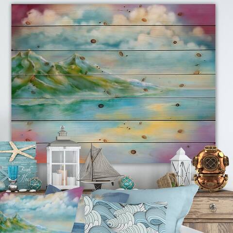 Designart 'Fantasy Turquoise Landscape With Ocean Clouds And Hills' Lake House Print on Natural Pine Wood