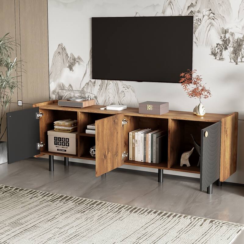 Mid-century TV Stand for TVs up to 70" with 3 Cabinets and 2 Open Storage Compartments, for Living Room and Bedroom
