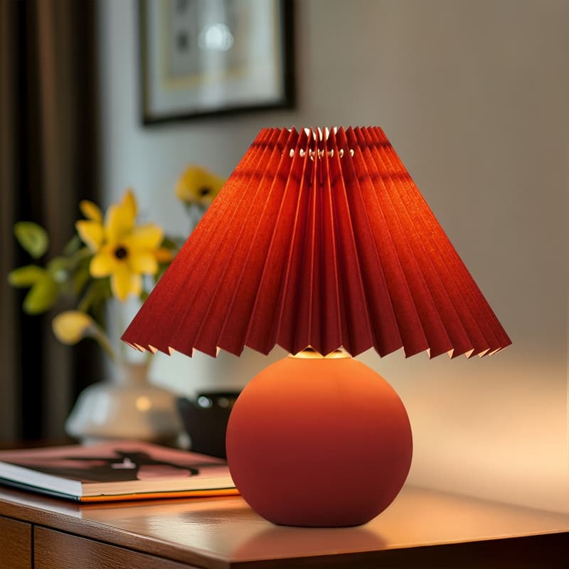 Brightech Serena LED Matte Red Midcentury Round Globe Bedside Nightstand Desk Lamp with Red Pleated Empire Shade