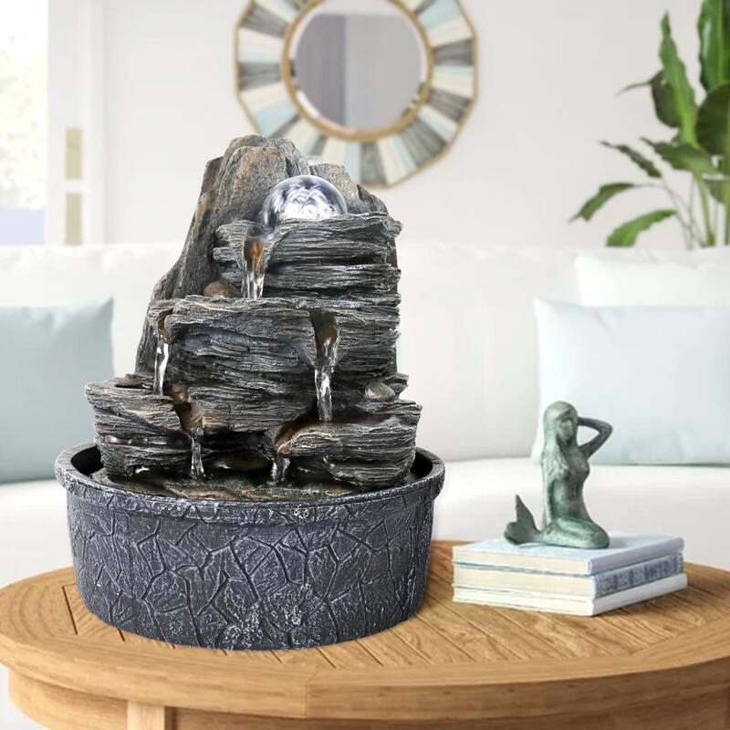 Cascading Rockery Water Fountain with LED Lights, Resin Water Feature