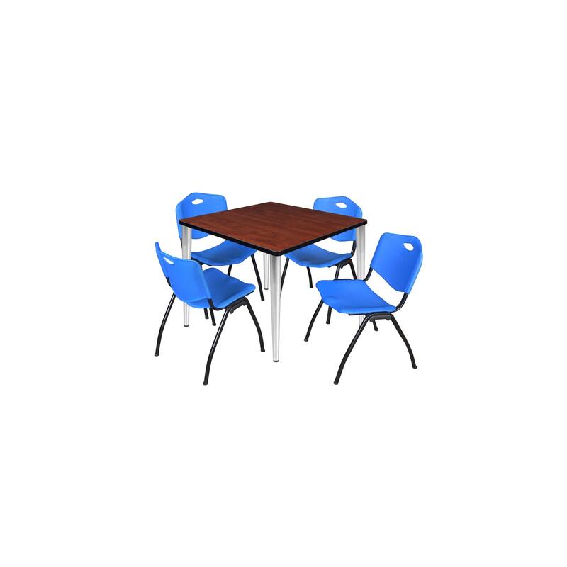 42 in. Square Breakroom Table- Cherry Top, Chrome Base & 4 M Stack Chairs- Blue
