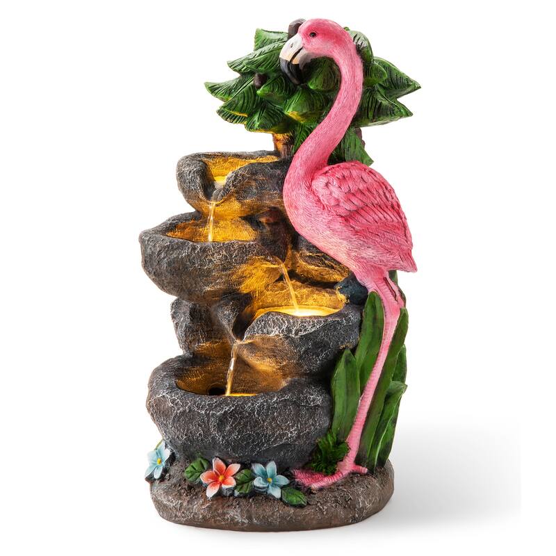 Glitzhome 23.5"H 4-Tiered Flamingo Polyresin Stone Outdoor Fountain with Lights