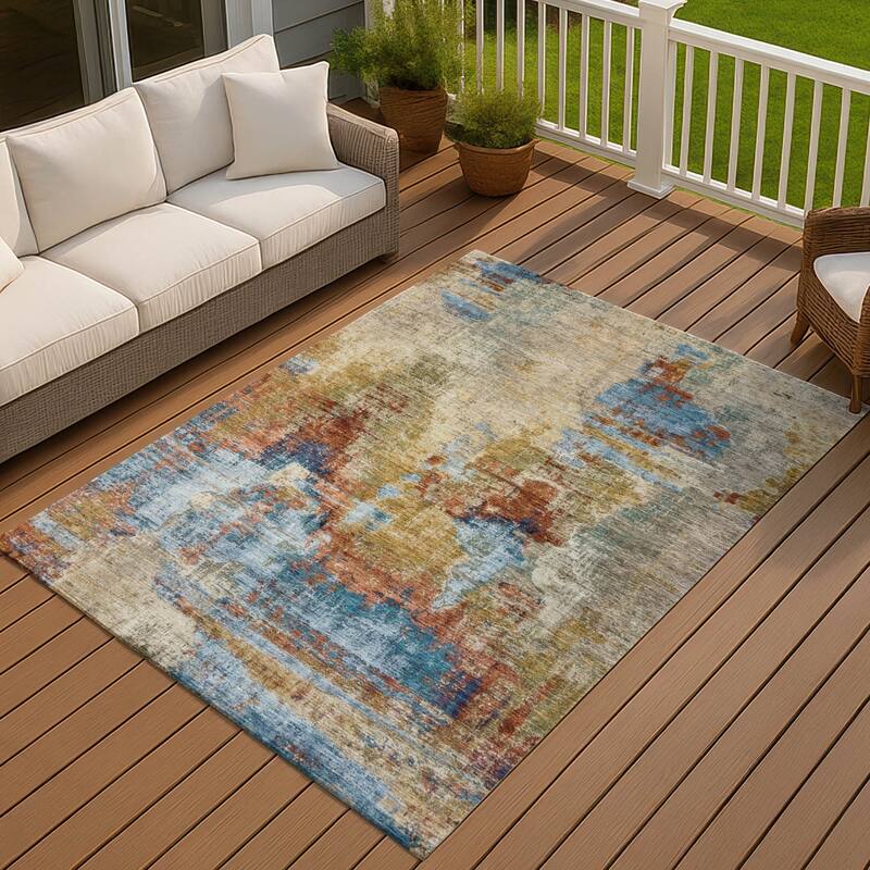 Machine Washable Indoor/ Outdoor Abstact Contemporary Chantille Rug - Beige - 9' x 12'