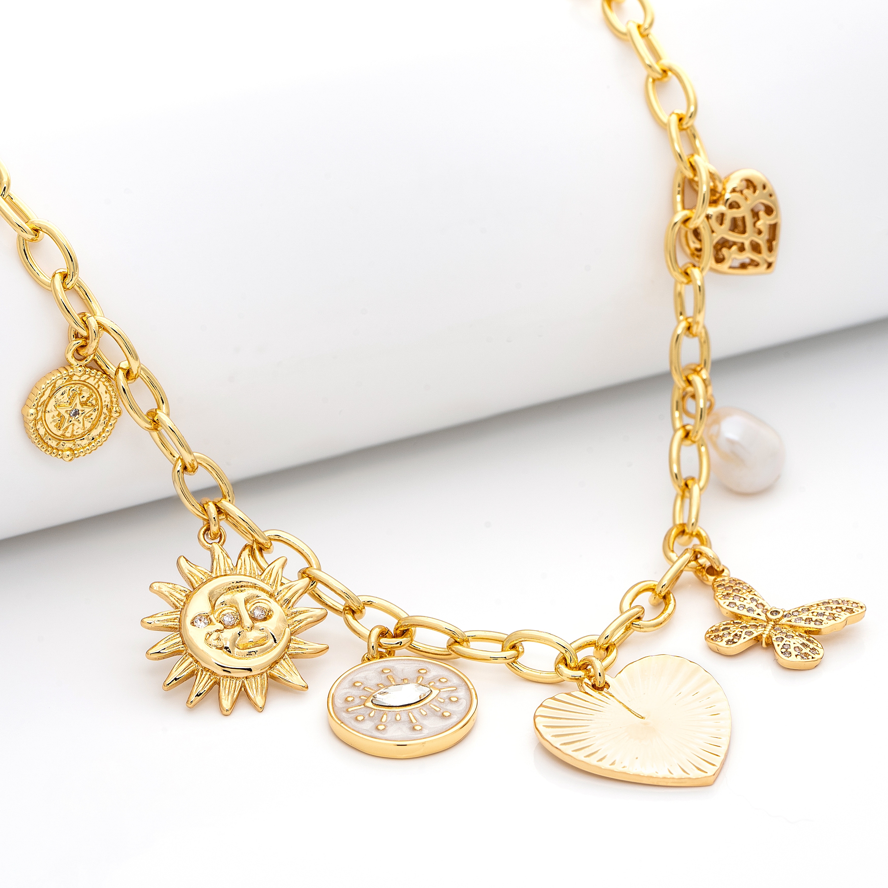 Rivka Friedman 18K Gold Plated Multi Charm Chain Necklace