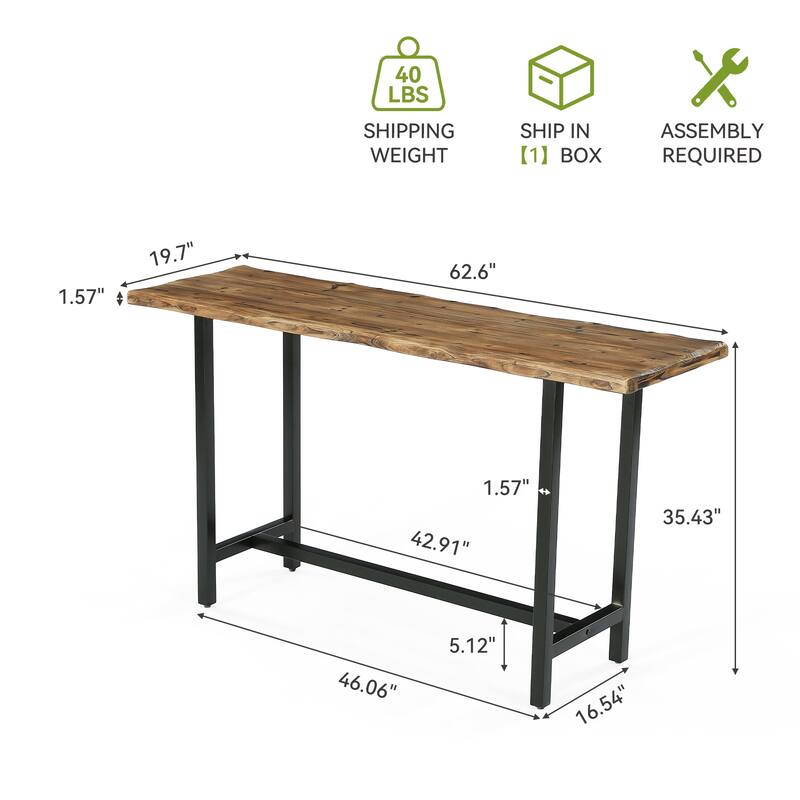 Solid Wood Long Bar Table with Metal Footrest - 63-Inch Long Counter Height Table for Home, Seats up to 6