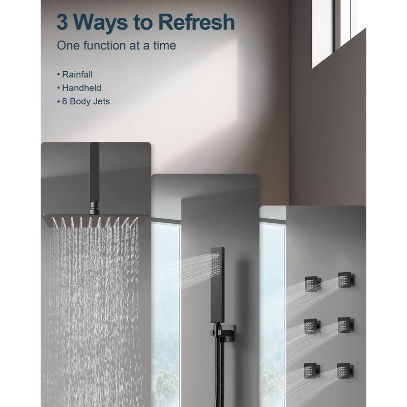 GRANDJOY Thermostatic Shower System Rainfall 12" Ceiling Mount Shower Faucet Digital Display Body Jets Handheld Shower Head