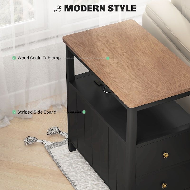 Modern Narrow Design End Table with Power Outlets and Two Drawers Display Shelf - 14.2"L x 23.6"W x 23.8"H