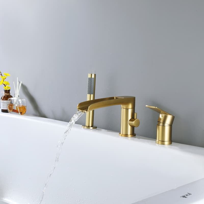 Widespread Waterfall Tub Filler 3 Hole Bathtub Faucet - Gold