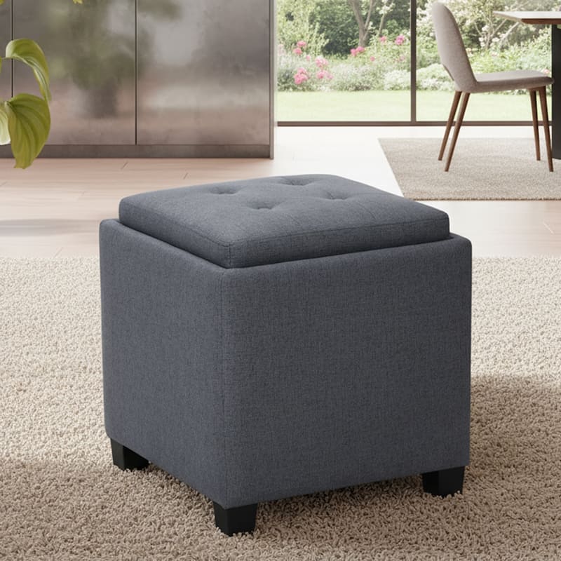 RENEWLINE ​18" Square Storage Ottoman with Tray - 250LBS Weight Capacity, Leather Upholstered Footstool for Living Room